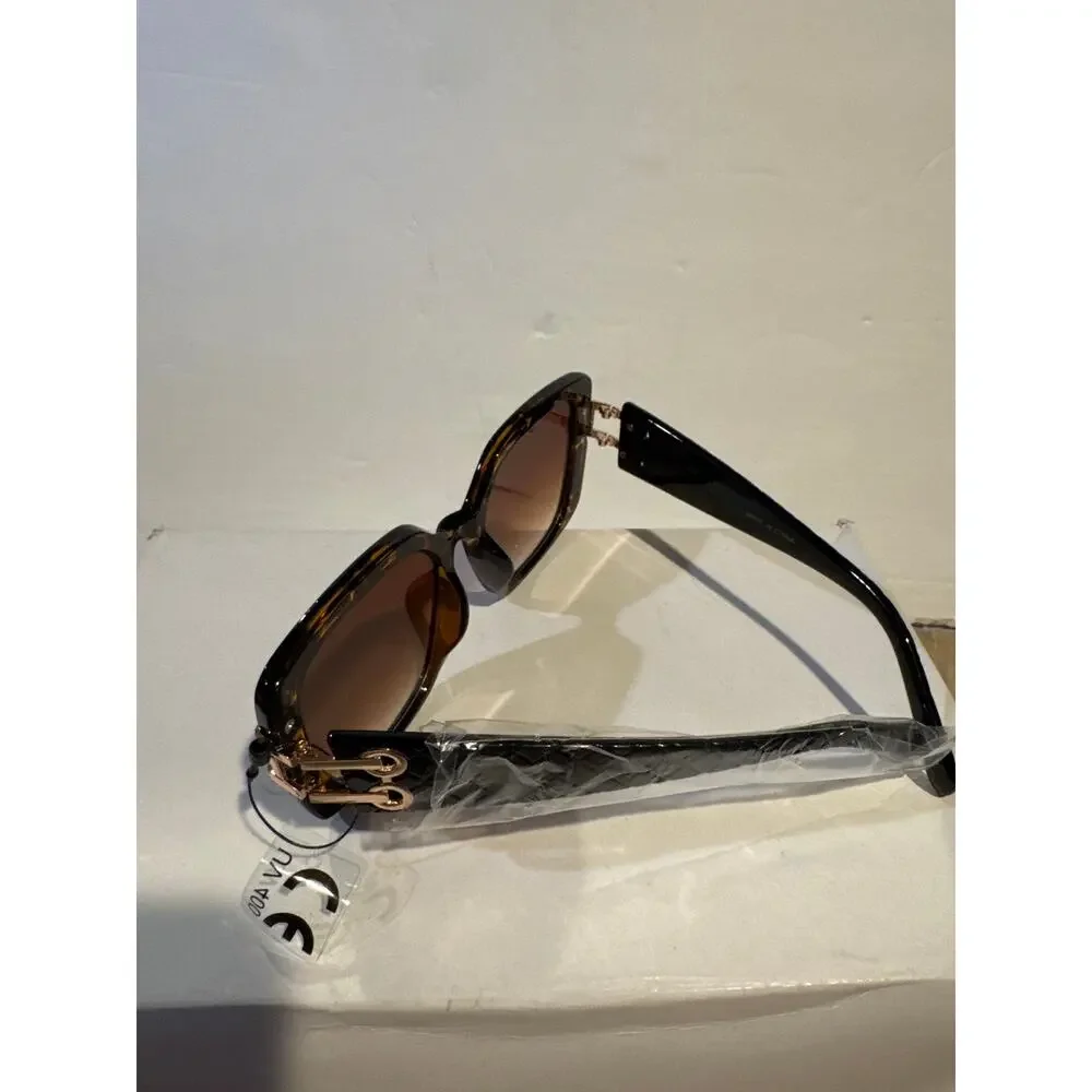Women's High Fashion UV400 Tortoiseshell frame Gold link Temple Sunglasses